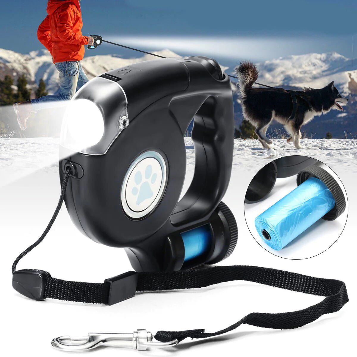 DailySale 4.5M LED Flashlight Extendable Retractable Pet Dog Leash Lead with Garbage Bag
