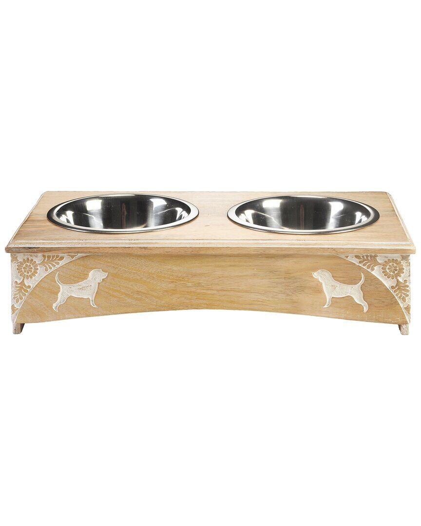 LR Home Handmade Engraved Wood Elevated Double Pet Feeder Brown NoSize