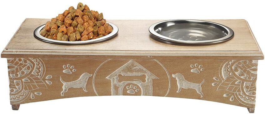 LR Home Handmade Engraved Wood Elevated Double Pet Feeder Brown NoSize