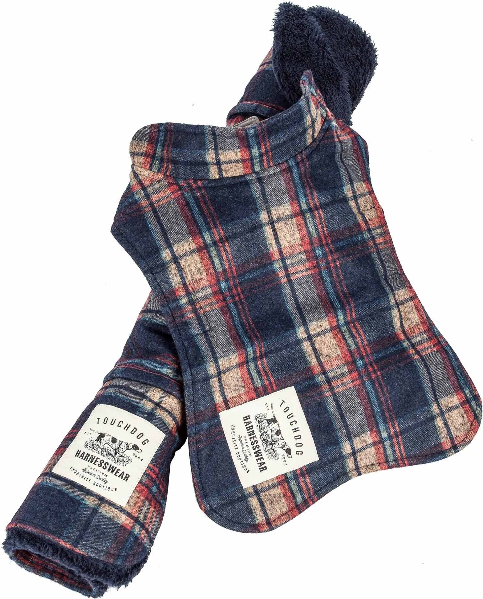 Pet Life Touchdog ® 2-In-1 Tartan Plaided Dog Jacket With Matching Reversible Dog Mat, Navy Plaid X-Small in Blue