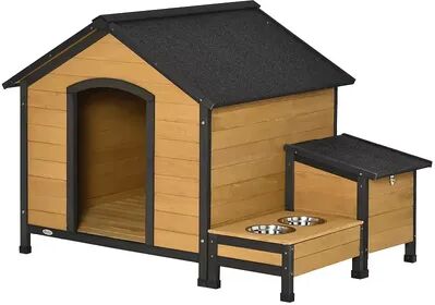 PawHut Wooden Outdoor Dog House Cabin Style Pet House with Feeding Bowls Asphalt Roof Storage Box for Dogs Up To 66 Lbs. Natural, Beige