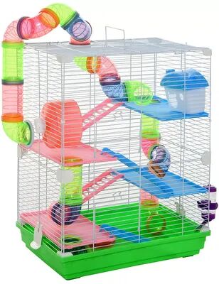 PawHut 5 Tier Hamster Cage Gerbil Habitat Home Small Pet Animals House with Water Bottle Food Dishes and Interior Ladder, Green