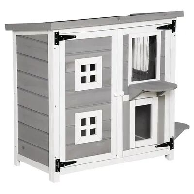 PawHut Feral Cat House 2 Tier Outdoor Wooden Pet Condo with Weather Resistant Roof Escape Door PVC Curtain Windows Yellow, Grey