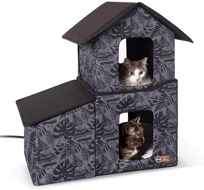 K And H Pet Products K&H Outdoor Heated Two-Story Kitty House with Dining Room, Grey