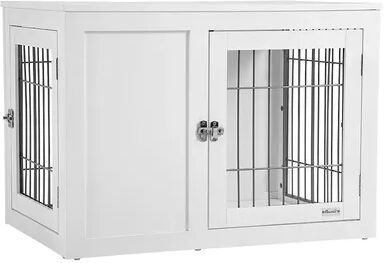 PawHut Furniture Style Indoor Dog Crate End Table Pet Cage Kennel with Double Doors and Locks for Small and Medium Dogs Grey, White