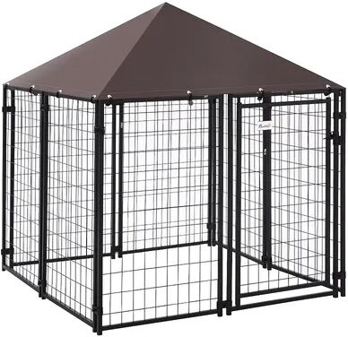 PawHut Lockable Dog House Kennel with Water resistant Roof for Small and Medium Sized Pets 4.6' x 4.6' x 5', Grey