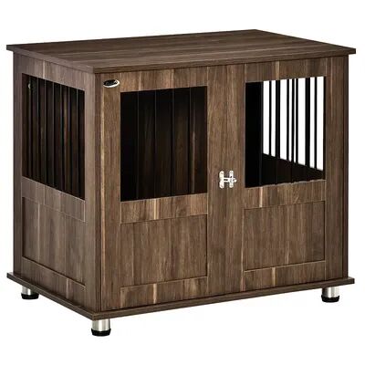 PawHut Stylish Dog Kennel Wooden End Table Furniture with Cushion and Lockable Magnetic Doors Small Size Pet Crate Indoor Animal Cage Brown, Red/Coppr