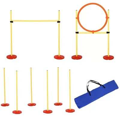 PawHut 3PCs Portable Pet Agility Training Obstacle Set for Dogs w/ Adjustable Weave Pole Jumping Ring Adjustable High Jump, Yellow