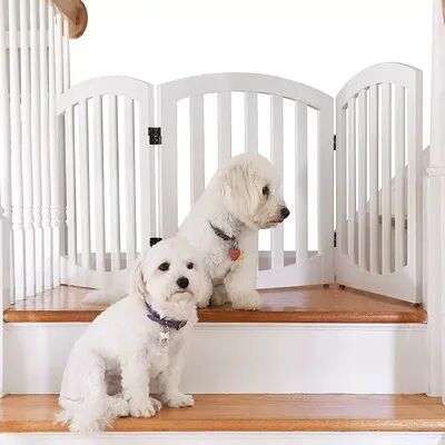 Arf Pets Free Standing Wood Retractable Dog Gate With Walk Through House Door For Pet And Baby, White