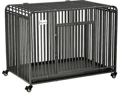 PawHut Heavy Duty Dog Crate Foldable Pet Kennel Cage with All Steel Frame Removable Tray 4 Locking Wheels for Medium and Large Dogs Dark Silver, Beige