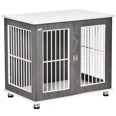PawHut 34'' 2 in 1 Wooden Dog Kennel Modern Wire Animal Crate Pet Cage with Lockable Door and Adjustable Foot Pads for Small and Medium Dogs Grey and
