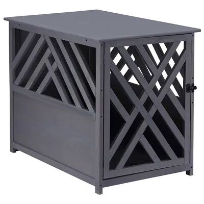 PawHut Furniture Style Wood Dog Crate End Table Decorative Dog Cage Kennel Lattice Night Stand with Lockable Door Grey