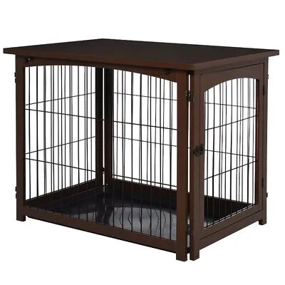 PawHut Wooden Decorative Dog Cage Pet Crate with Fence Side Table Small Animal House and Tabletop Brown, Red/Coppr