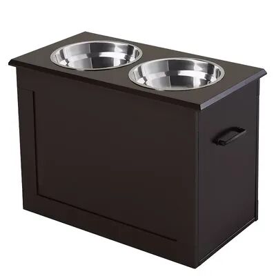 PawHut Raised Pet Feeding Storage Station with 2 Stainless Steel Bowls Base for Large Dogs and Other Large Pets White, Brown