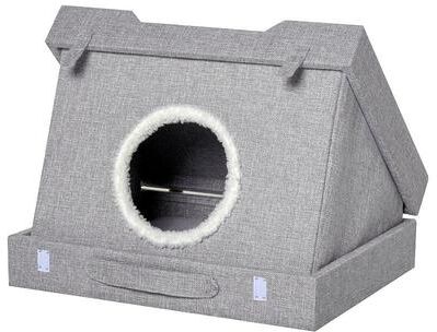 PawHut Cat House Foldable 2 In 1 Design Condo Pet Bed with Removable Washable Cushions Scratching Pad Grey