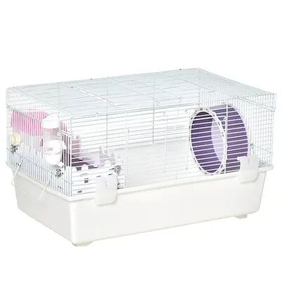 PawHut 2 Tier Hamster Cage Gerbil Haven Multi Storey Rodent House Small Animal Habitat with Water Bottle Excise Wheel Ladder Hut White