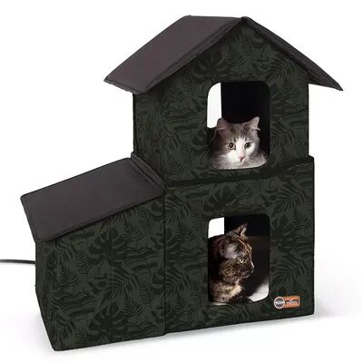 K And H Pet Products K&H Outdoor Heated Two-Story Kitty House with Dining Room, Green