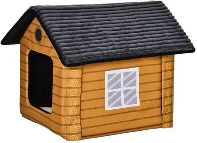 PawHut Heated Cat House Condo Foldable Enclosed Pet House with Heating Pad for Cats or Small Dogs Use for Indoor or Covered Outdoor Areas Log Cabin