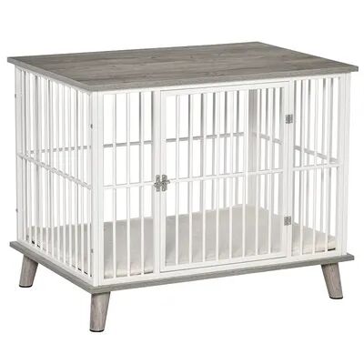 PawHut Furniture Dog Kennel Wooden End Table with Cushion and Lockable Door Medium Size Pet Crate Indoor Puppy Cage Grey