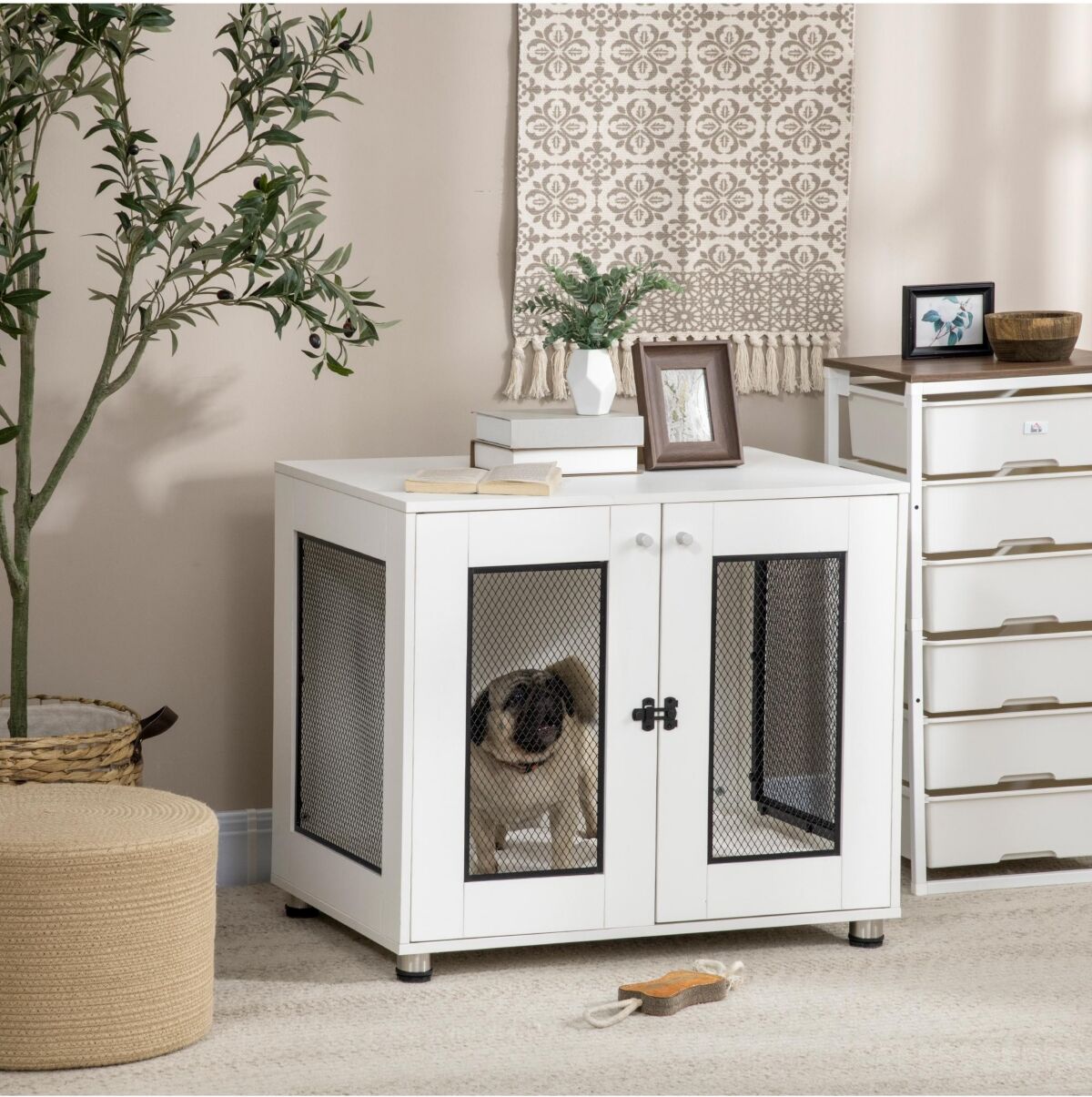 PawHut Dog Crate Furniture with Water-resistant Cushion, Dog Crate End Table with Double Doors, Indoor Pet Crate for Small Medium Dogs Indoor Use, Whi