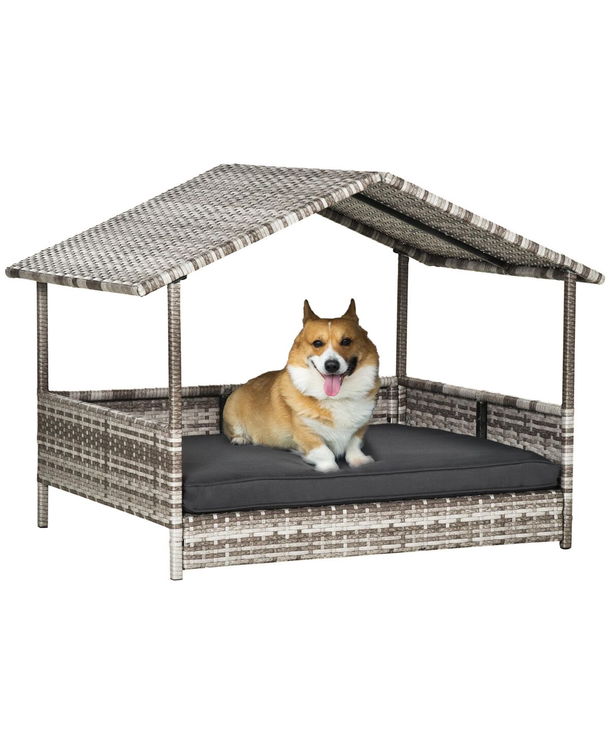 PawHut Elevated Wicker Dog House, Raised Rattan Pet Bed Cabana Canopy, Grey - Grey