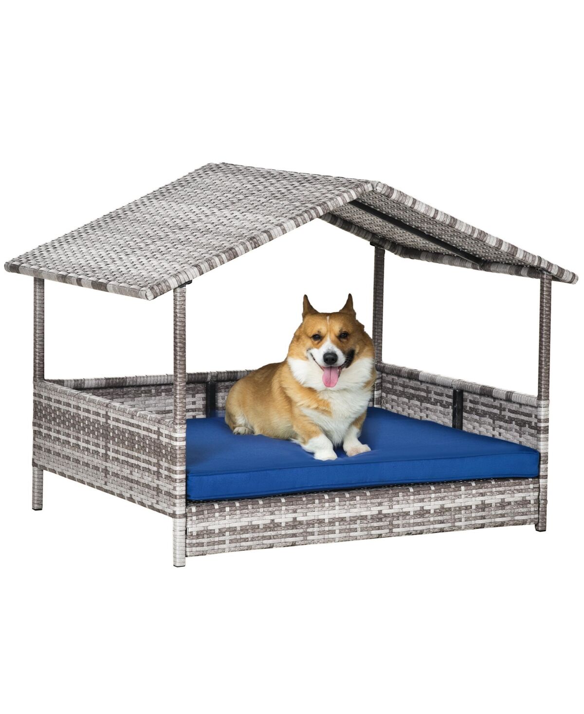 PawHut Elevated Wicker Dog House, Raised Rattan Pet Bed Cabana Canopy, Blue - Blue