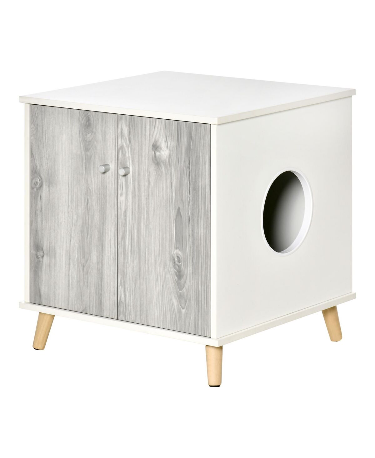 Pawhut Wooden Cat Mess-free Litter Box End Table w/ 2 Magnetic Doors - White