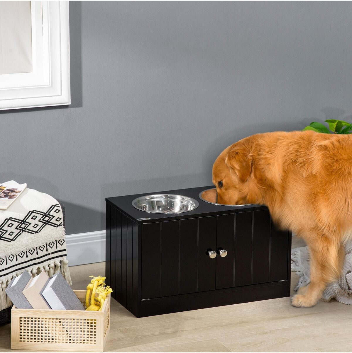 PawHut Large Elevated Dog Bowls with Storage Cabinet Containing Large 44L Capacity, Raised Dog Bowl Stand Pet Food Bowl Dog Feeding Station, Black - B