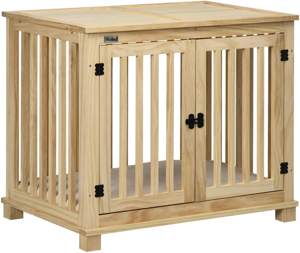 PawHut Wooden Dog Crate Furniture with Soft Cushion, Dog Crate End Table with Double Doors, Indoor Pet Crate for Small Medium Dogs - Natural