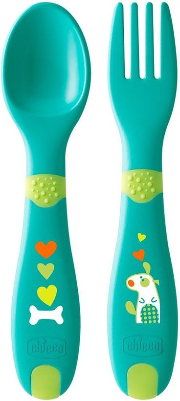 Chicco First Cutlery Posatine Forchetta E Cucchiaio 12 m+ Colore Verde 2 Pezzi