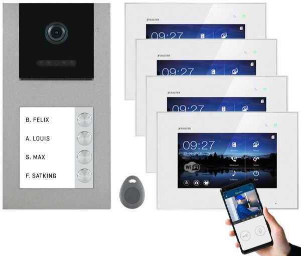 Nonic Balter EVO-AP Silber Video Türsprechanlage 7 WiFi Touchscreen RFID 2-Draht BUS Set für 4 Teilnehmer