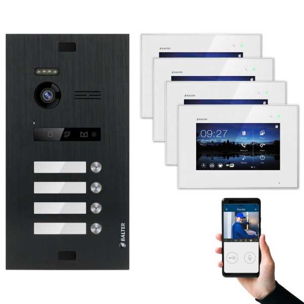 BALTER EVO Schwarz Video Türsprechanlage Set 4 Familienhaus 4x 7“ LCD Monitor WiFi