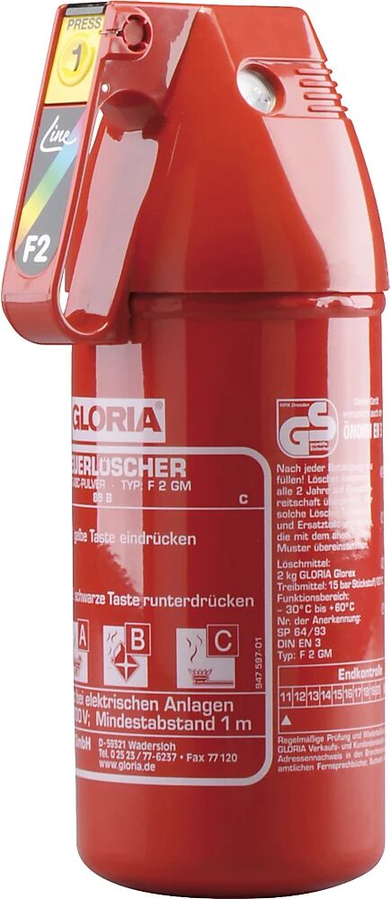 GLORIA Pulver-Kompakt-Feuerlöscher Inhalt 2 kg, inkl. Manometer Brandklasse A+B+C