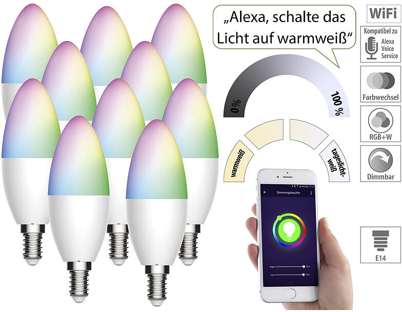 Luminea Home Control 10er-Set WLAN-LED-Lampe für Amazon Alexa/Google Assistant, E14, 5,5 W