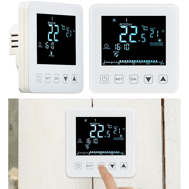 revolt 2er-Set Wand-Thermostate für Fußbodenheizung, LCD, Touch-Tasten