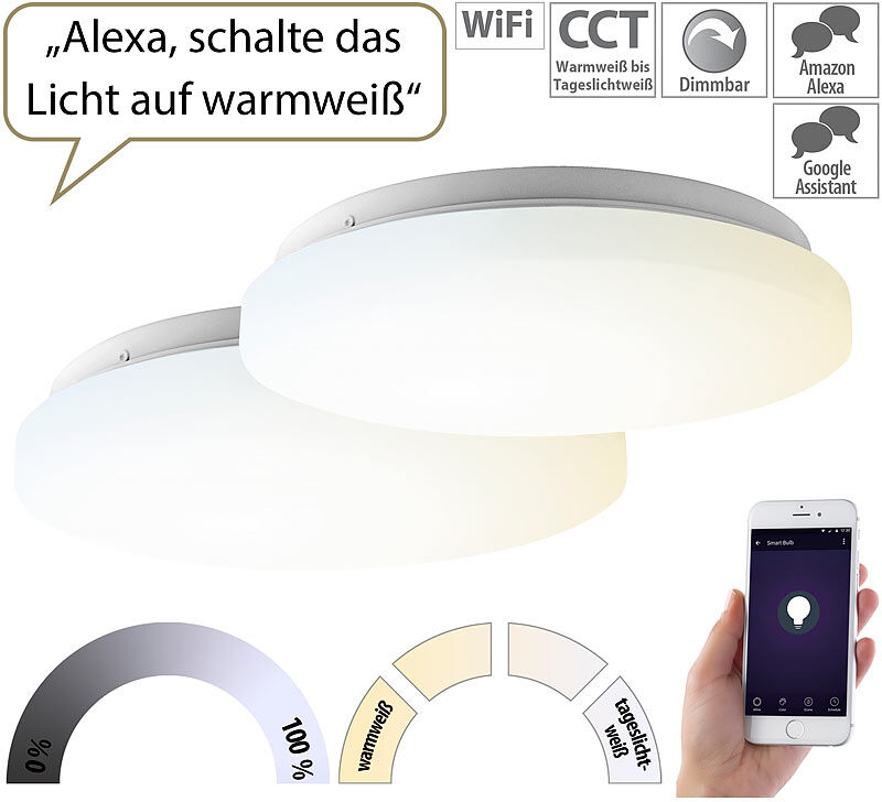 Luminea Home Control 2er-Set WLAN-LED-Deckenleuchten für Amazon Alexa&Google Assistant, 24W