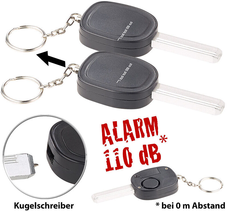 VisorTech 2er-Set Personenalarm im Autoschlüssel-Design, 110-dB-Sirene, Kuli