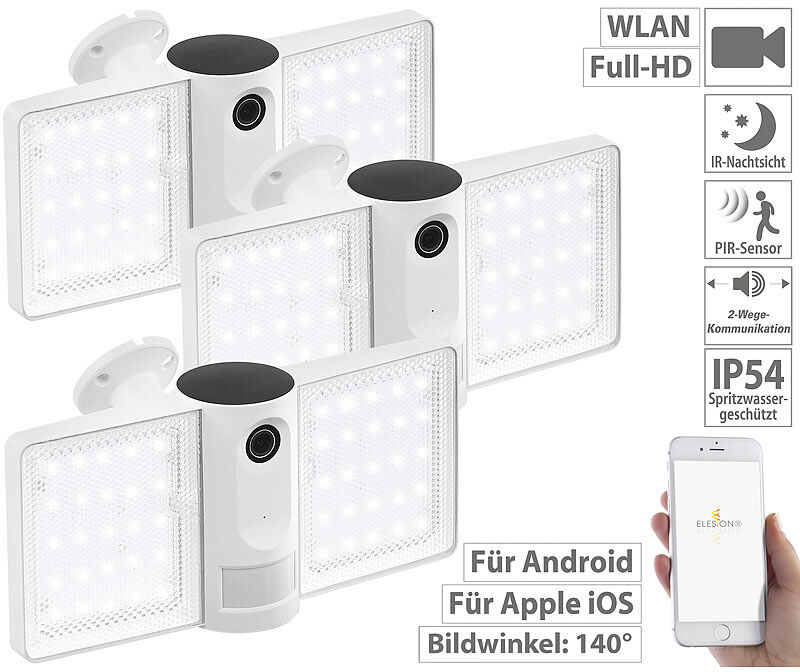 VisorTech 3er-Set Full-HD-IP-Überwachungskameras mit LED-Strahler, WLAN, App