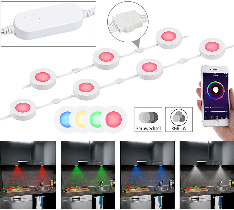 Lunartec 7er-Set WLAN-Unterbau-LEDs, RGB+W, für Amazon Alexa & Google Assistant