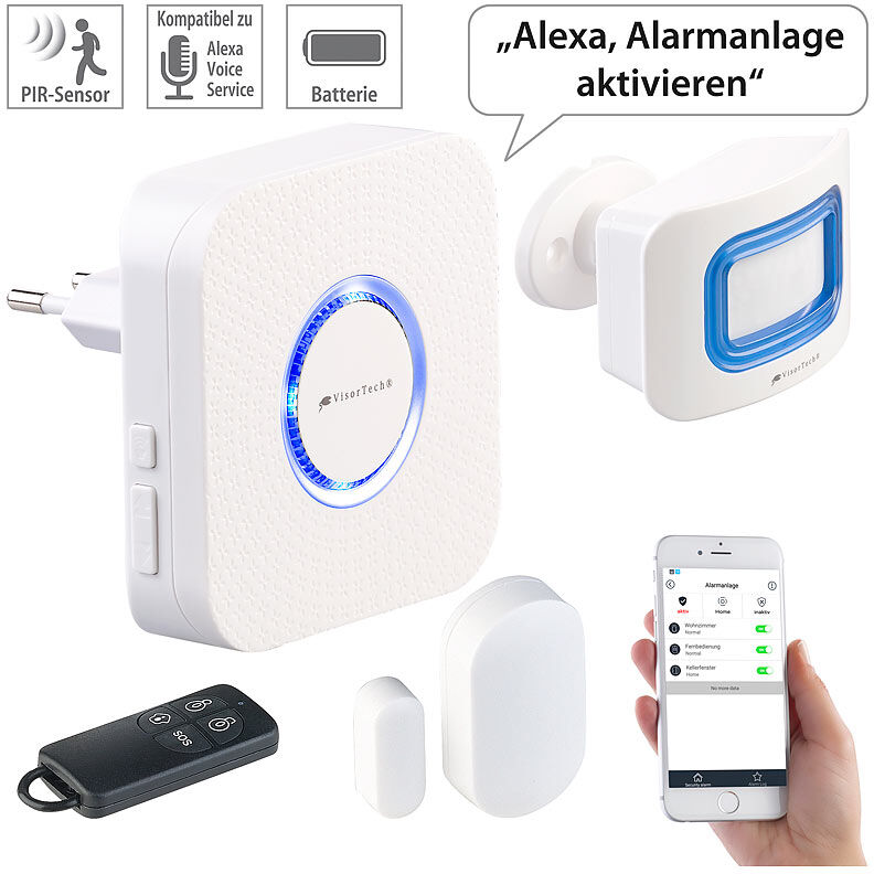 VisorTech 4-teilige WLAN-Alarmanlage, Alexa-kompatibel, für bis 50 Sensoren, App