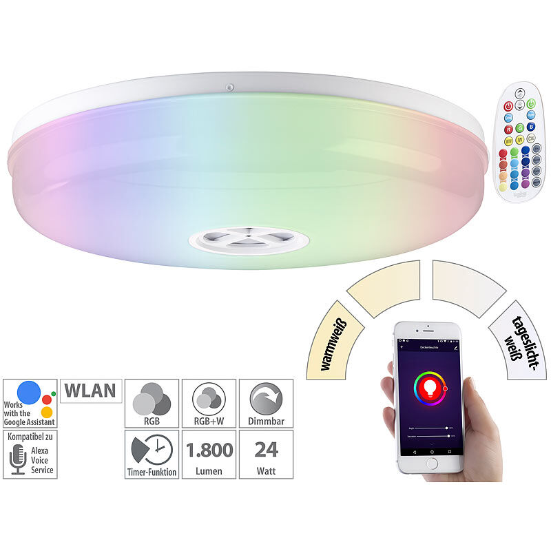 Luminea Home Control LED-Deckenleuchte RGB + CCT, mit WLAN, App und Sprachsteuerung