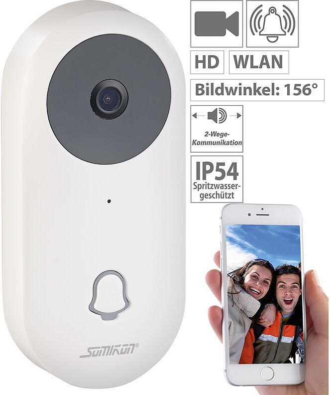 Somikon WLAN-HD-Video-Türklingel mit App, Gegensprechen, 156°-Bildwinkel, Akku