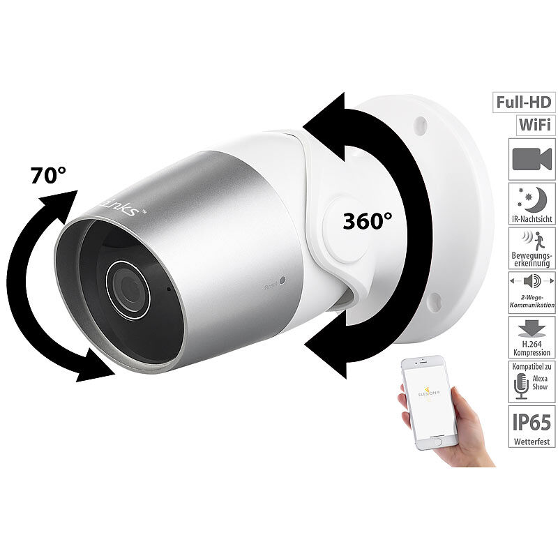 7links Outdoor-IP-Überwachungskamera, Full HD, WLAN, kompatibel zu Echo Show