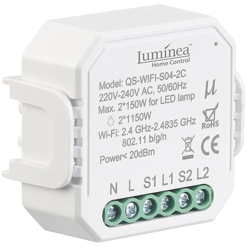 Luminea Home Control WLAN-Unterputz-2-Kanal-Lichtschalter mit App & Sprachsteuerung