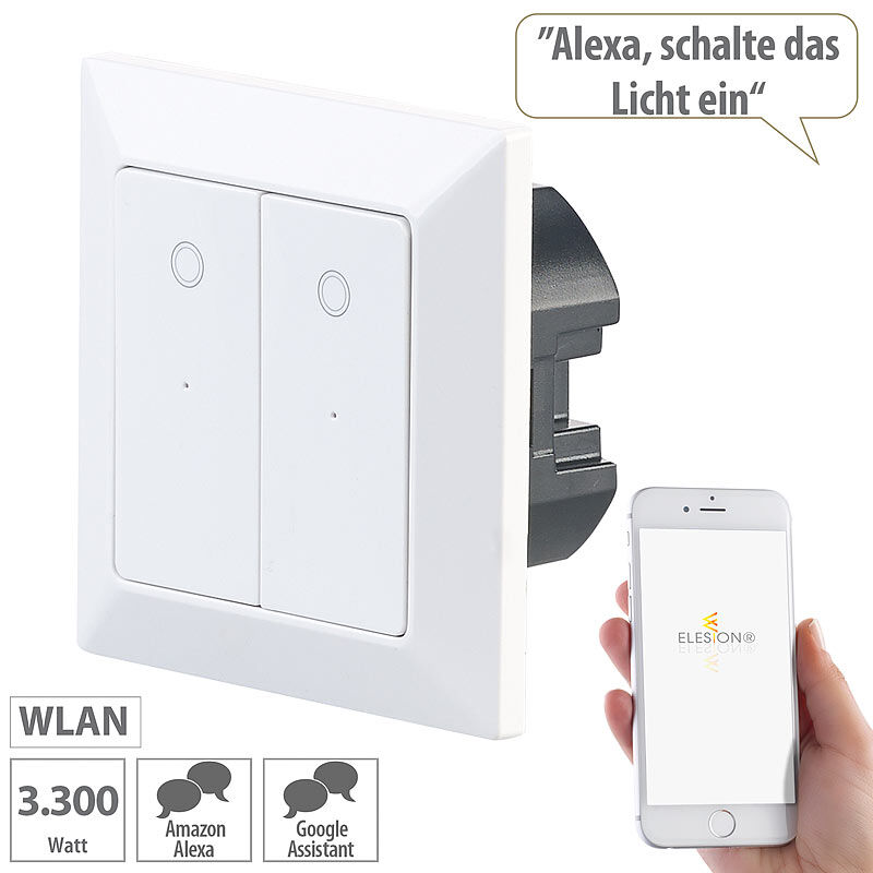 Luminea Home Control Doppel-Lichttaster mit WLAN, App, für Siri, Alexa & Google Assistant
