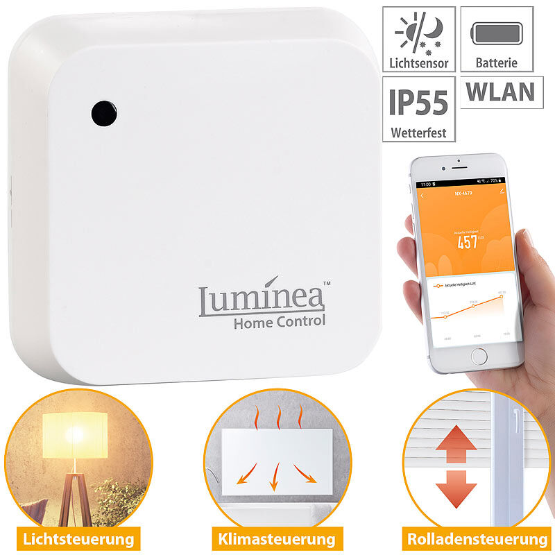 Luminea Home Control Wetterfester WLAN-Licht- & Dämmerungs-Sensor mit App, IP55