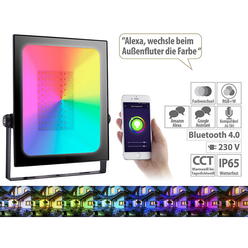 Luminea Home Control Outdoor-Fluter mit RGB-CCT-LEDs, Bluetooth & App, 4.500 lm, 60 W, IP65