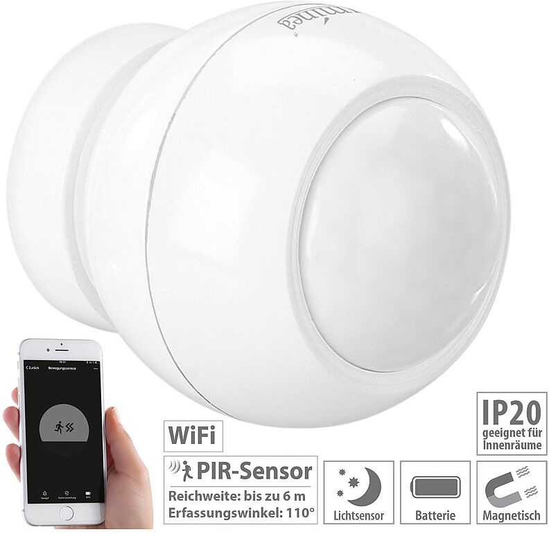 Luminea Home Control WLAN-PIR-Bewegungsmelder und Lichtsensor mit App für Benachrichtigung