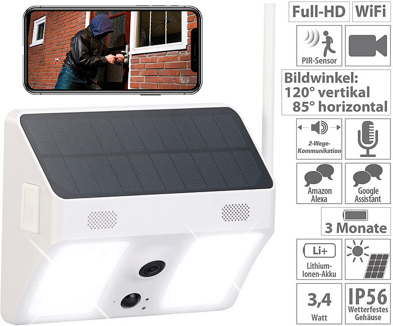 VisorTech Kabellose WLAN-IP-Kamera mit Flutlicht, Full HD, Solarpanel, App, weiß