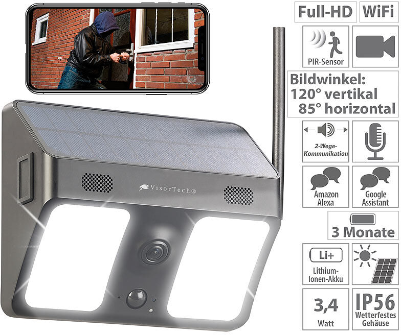 VisorTech Kabellose WLAN-IP-Kamera, Flutlicht, Full HD, Solarpanel, App, schwarz